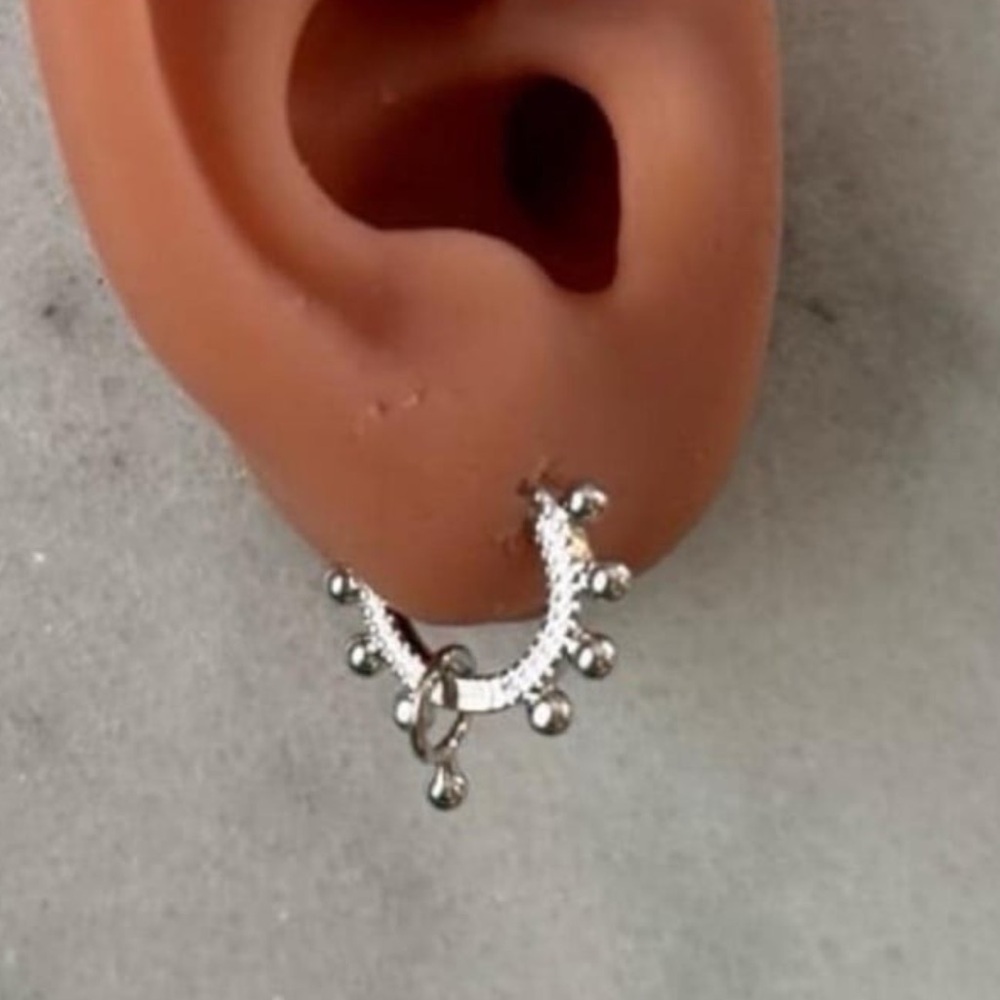 New Drop! Sterling Silver Beaded Hoop Dangle Earrings - Picture 2 of 4